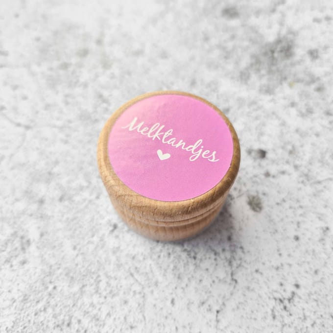 Tandendoosje | melktandjes | hout | pink hart | opdruk: sticker