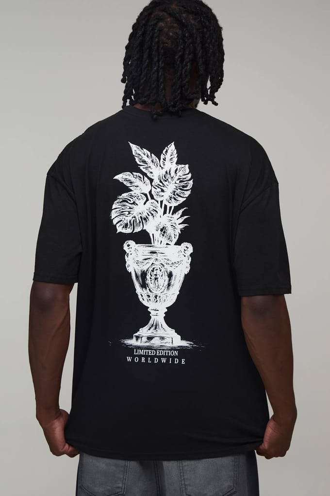 Lang Zwart Oversized T-shirt Met Palmboom Ruggengraat Print | Black | Size Small