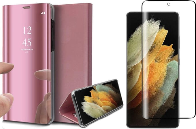 Hoesje geschikt voor Samsung Galaxy S21 Ultra - Screen Protector GlassGuard - Book Case Spiegel Roségoud & Screenprotector