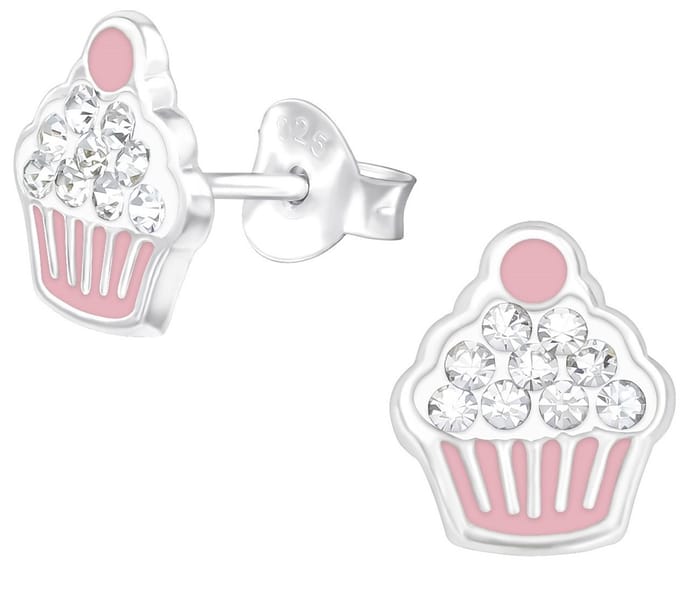 Joy|S - Zilveren cupcake oorbellen - 8 x 9 mm - roze wit - kristal