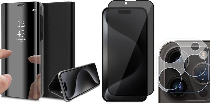 Hoesje geschikt voor iPhone 15 Pro Max - Privacy Screenprotector FullGuard & Camera Lens Screen Protector - Book Case Spiegel Zwart