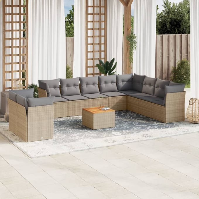 vidaXL - 11-delige - Tuinset - met - kussens - poly - rattan - beige