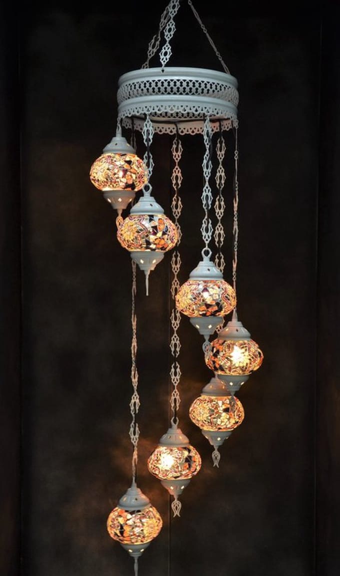Hanglamp multicolour glas mozaïek Oosterse lamp kroonluchter Crèmewit 7 bollen