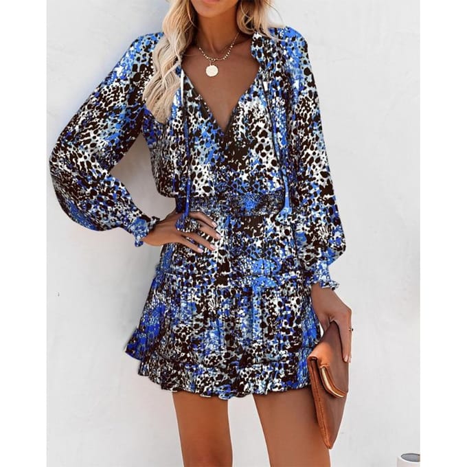 Populaire Damesmode Trend Gedrukte V-hals Taille Lange Mouwen Jurk XXL