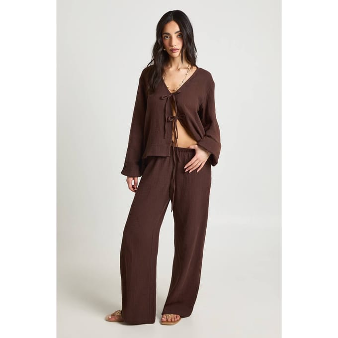 boohoo Dames Wijde Broek Van Kaasdoek | Chocoladebruin | Maat: 36