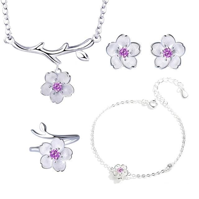 Romantische 925 Sterling Zilver Kersenbloesem Bloem Sieraden Sets Hanger Leuke Bruids Bruiloft Sets white