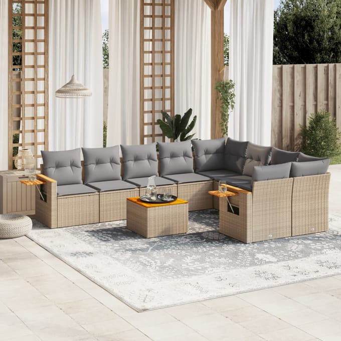 vidaXL - 10-delige - Loungeset - met - kussens - poly - rattan - beige