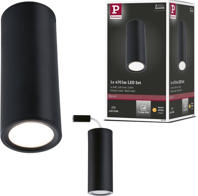 LED-plafondlamp 3-Step-Dim Barrel 2700K 470lm 230V 6W dimbaar Zwart mat