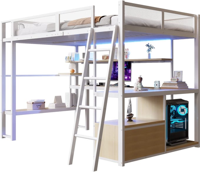 REDOM Hoogslaper – Met bureau & opbergruimte – LED-verlichting & laadstation – Metaal & MDF – Wit – 140 x 200 cm