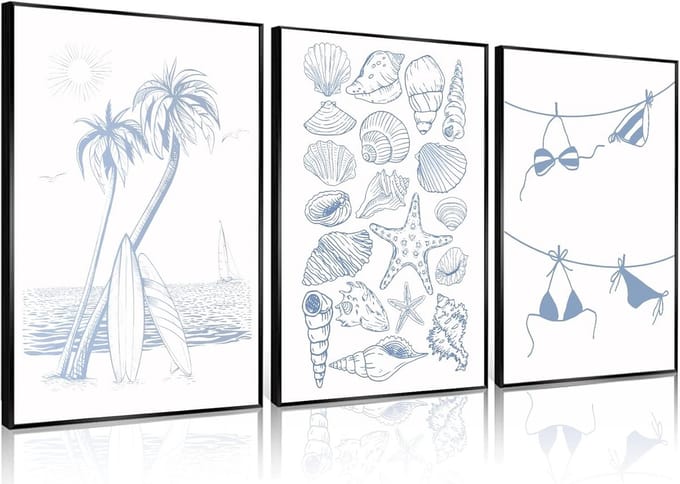Set van 3 Kust Muurkunst Posters - Blauwe Zeeschelp & Bikini Esthetisch Decor