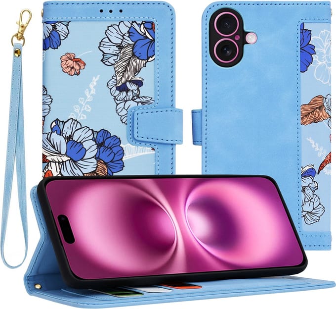 Hoesje geschikt voor Apple iPhone 16 Plus - Techsuit FlipCraft Book Wallet Case met koord - Vibrant Blue