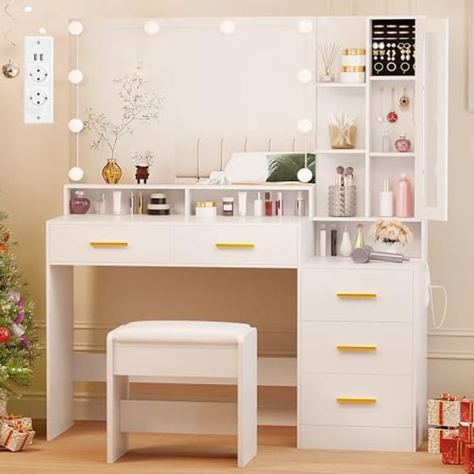 Grote make-uptafel met verstelbare ledverlichting en spiegel - Modern wit ontwerp met 5 laden en oplaadstation