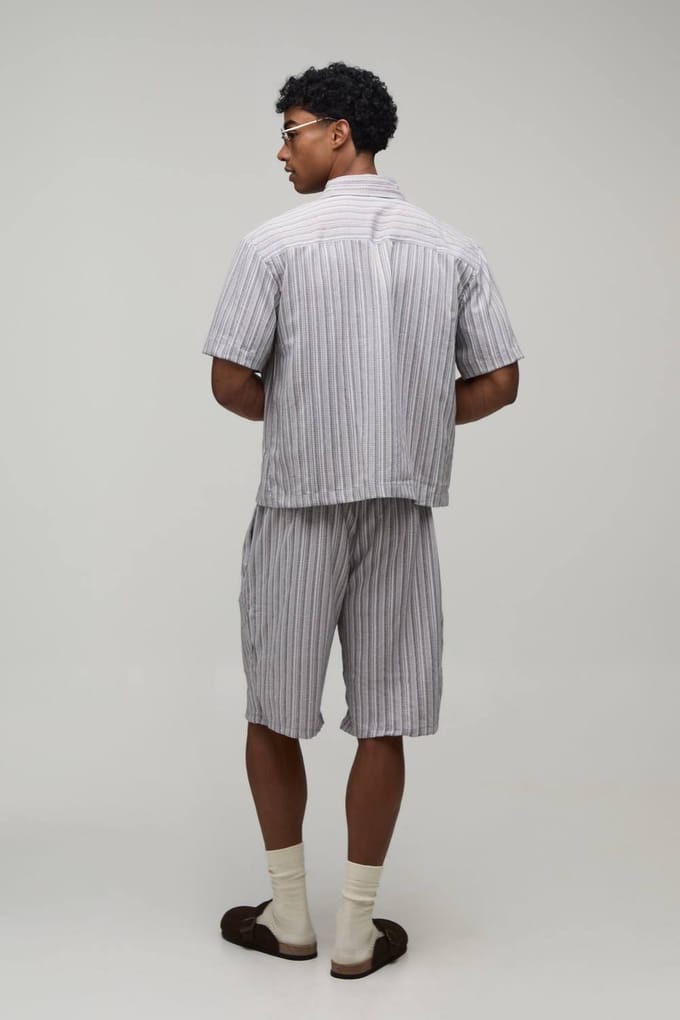 Getextureerd Geplisseerd Oversized Boxy Shirt & Baggy Short Set | Grey | Size Medium