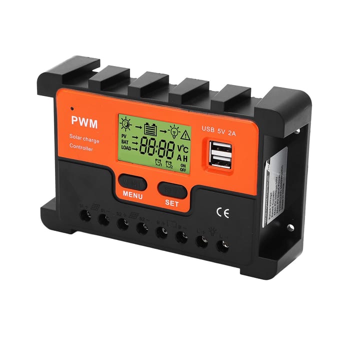 Régulateur Solaire 60A PWM avec Affichage LCD Régulateur Solaire avec 2 Sorties USB 5V 12V 24V 48V orange