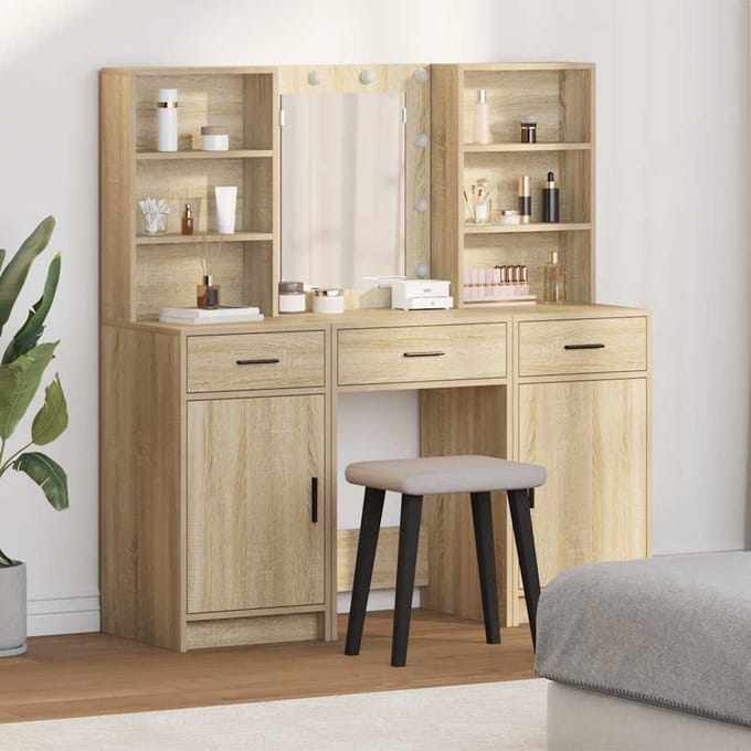 vidaXL - Dressing - tafel - set - met - LED - 3 - st - Sonoma - Eik - Bewerkt - hout
