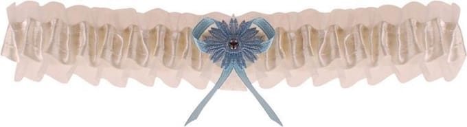 Kousenband ivoor met blauw bloemetje en strass