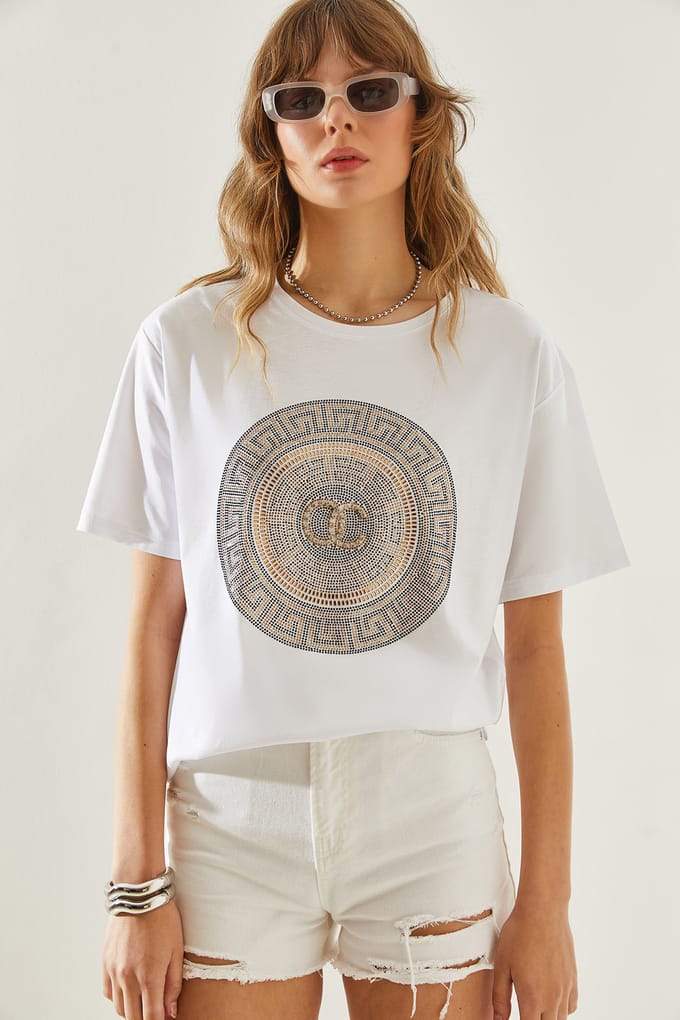 Geborduurde Geprinte Ronde Hals T-shirt