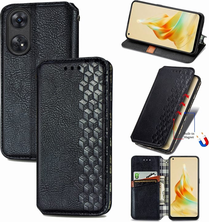 Luxe PU Lederen Ruitpatroon Wallet Case + Screenprotector voor OPPO Reno8 T 4G _ Zwart