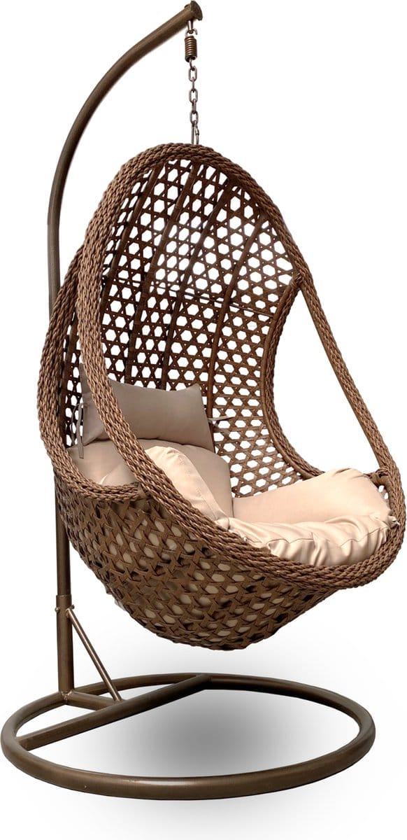 Rijoka Hangstoel Ragna Rope Schommelstoel – Luxe Rattan - Sand Kussen