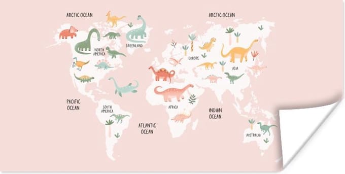 Kinderkamer - Wereldkaart - Dino - 150x75 cm - Poster