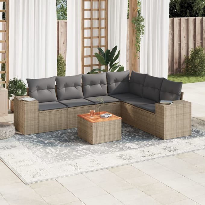 vidaXL - 7-delige - Loungeset - met - kussens - poly - rattan - beige