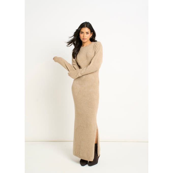 Bodycon-maxi-jurk van bouclé-jersey met havermoutkleur