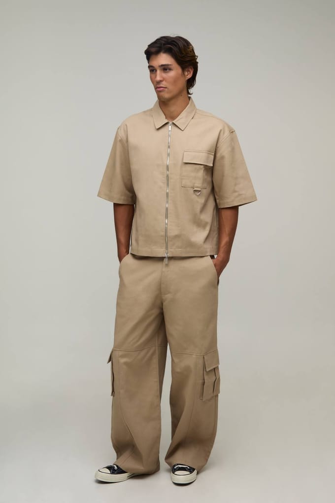 Oversized Overshirt Met Korte Mouwen & Wijde Cargo Broek Set | Stone | Size Small