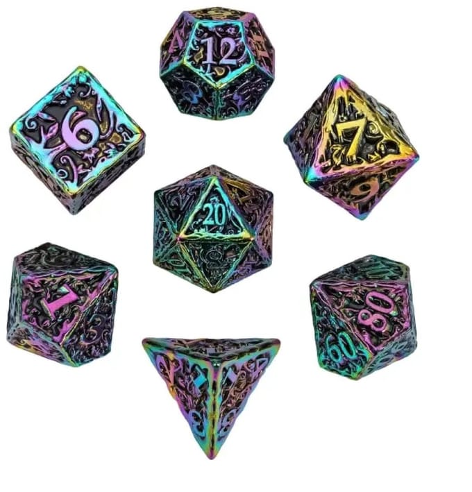 Lapi Toys - Dnd dice - Dnd dobbelstenen - Metal dice - Incl. dice bag - Regenboog
