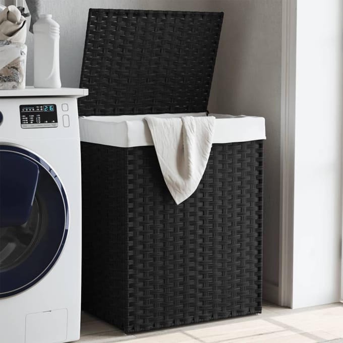 vidaXL - Wasmand - met - deksel - 46x33x60 - cm - poly - rattan - zwart