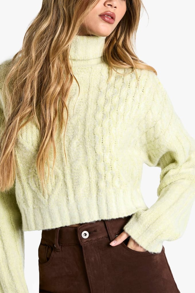 boohoo Dames Cable Roll Neck Gebreide Trui | Sage | Maat: Large