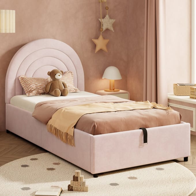 Sweiko Kinderbed - 90 x 200 cm - Hydraulisch bed - Opbergruimte - Velvet - Roze