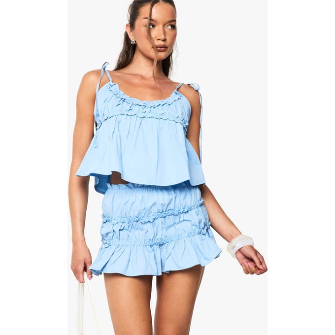boohoo Dames Cotton Poplin Ruched Mini Rok | Baby Blue | Maat: 10