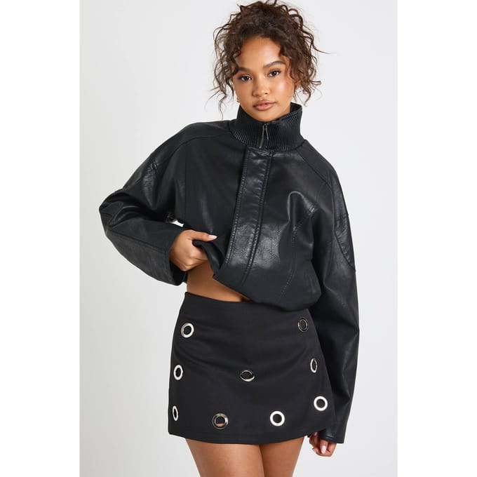 boohoo Dames Chunky Mini Skort met oogjesdetails | Zwart | Maat: 36
