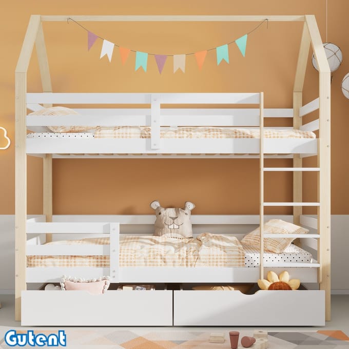 Gutent Kinderstapelbed-Huisvorm-Grote laden-Pine-90 x 200 cm-Geen matras-Wit+Hout