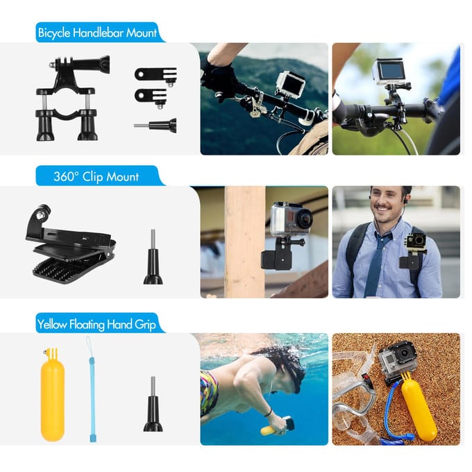 Andoer Kit d'accessoires pour caméra d'action ensemble d'accessoires pour caméra de sport avec boîtier étanche en Silicone noir