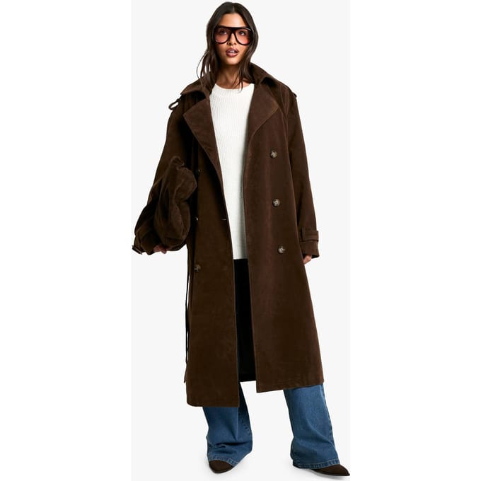 boohoo Dames Vintage suede-look trenchcoat | Chocoladebruin | Maat: 36