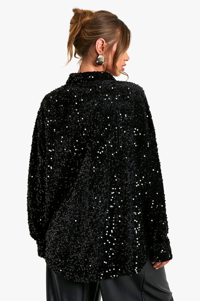 boohoo Dames Velvet pailletten oversized overhemd | Black | Maat: 6