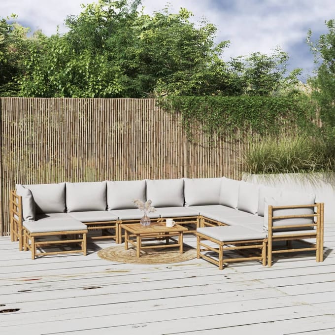 vidaXL - 11-delige - Loungeset - met - kussens - bamboe - lichtgrijs