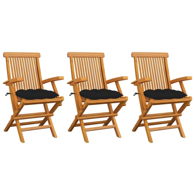 vidaXL - Opklapbare - stoelen - met - zwarte - kussens, - 3 - stuks, - massief - teakhout