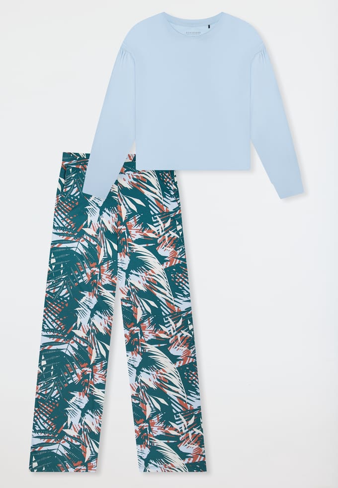 Lange pyjama van interlock met palmbomen, lichtblauw - Modern Nightwear 36