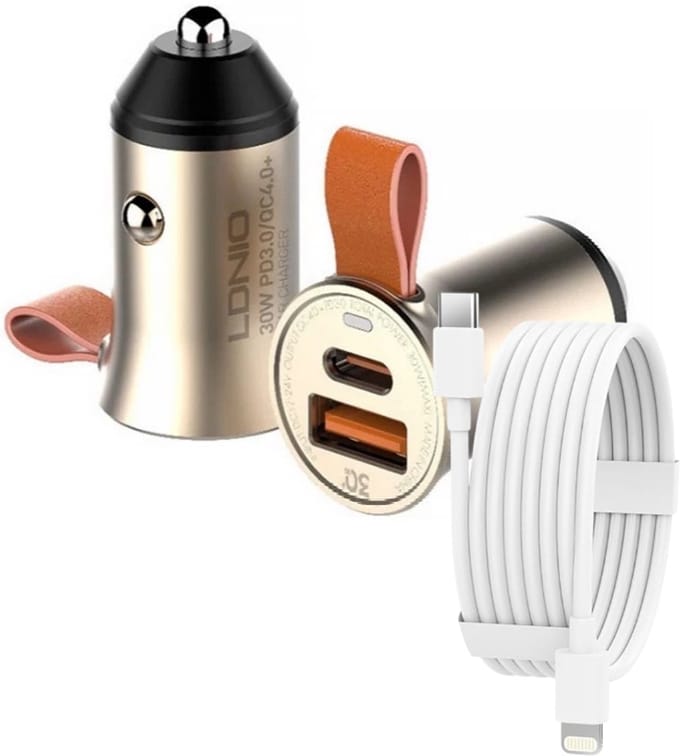 Auto Oplader - USB C naar Geschikt voor: Lightning Kabel (1M) wit & Auto Stekker - USB A & C Snel Lader 30W - PD20W/QC3.0 Autolader