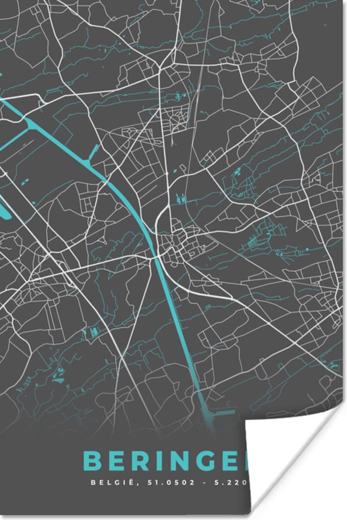 Poster Stadskaart – Grijs - Kaart – Beringen – België – Plattegrond - 120x180 cm XXL