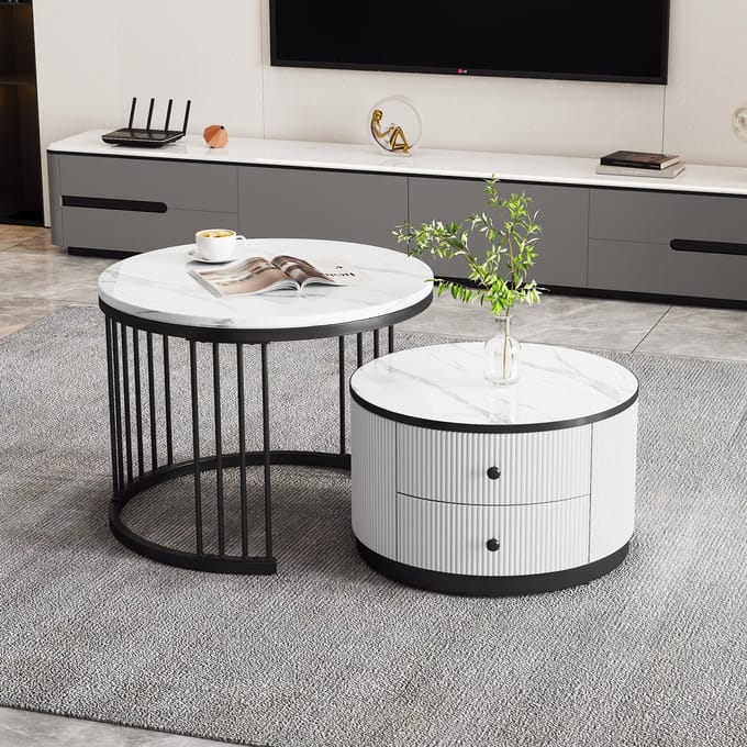 Salontafel set wit marmerlook - Ronde salontafel set van 2 - Nesting salontafel met lades - MDF - Woonkamer