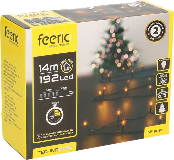 Feeric lights Kerstverlichting - warm wit - 14 m- 192 led lampjes - zwart snoer - batterij