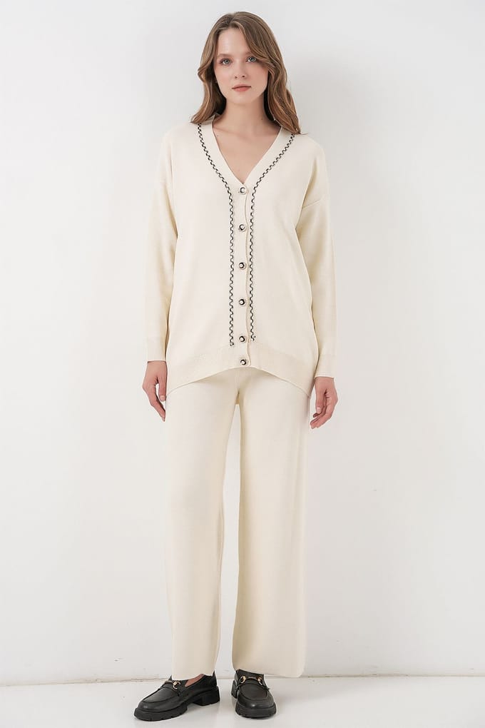 V-hals cardigan en wijde broek set