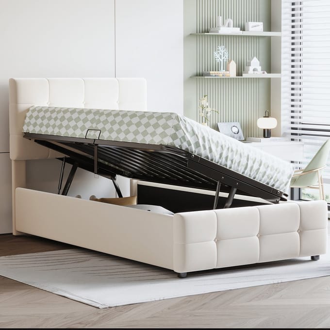 MODFU Kinderbed 90x200 cm – Fluweel beige – Hydraulische opbergruimte – Verstelbaar hoofdeinde