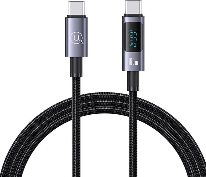 USAMS - USB kabel - Type-C naar Type-C - 100W - aluminium - digitaal display - snel opladen en datakabel - 1,2 m - Grijs