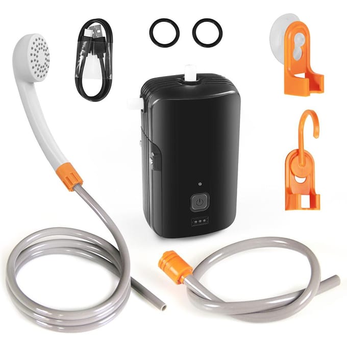 Douche de Camping Extérieure Pompe à Douche Électrique Portable Étanche avec Débit d'Eau à 2 Niveaux pour le Camping noir
