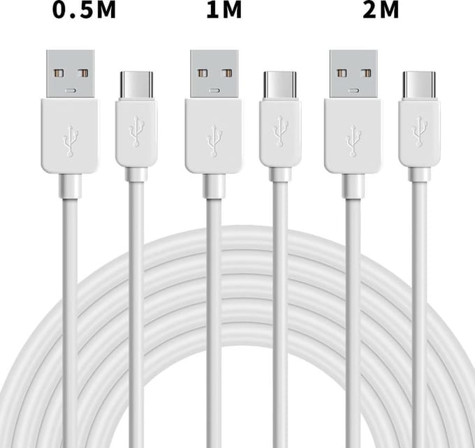 NÖRDIC USB-C naar USB-A kabel - 3 stuks - Set van 0.5m, 1m en 2m - 2.0 oplaadkabel - 2,4 A - 480 Mbps - Wit