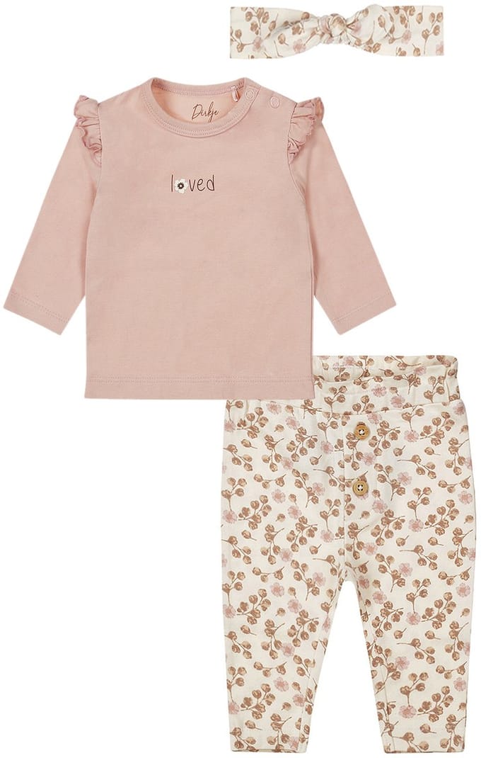 Dirkje - Basic Collection - BIO COTTON - Broek met bloemetjes Offwhite - Shirt Light Dusty Pink - haarbandje - Maat 68